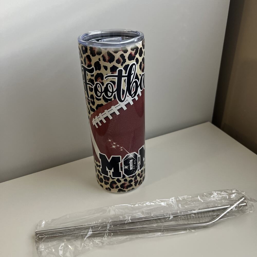 Custom Printed 20oz Tumbler Football Mom Design Lid Straws And Straw Cleaner